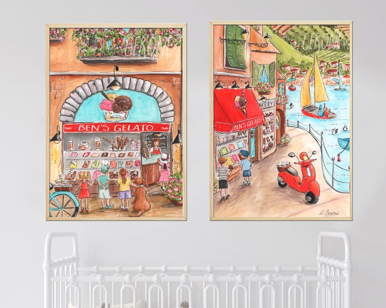 Op de afbeelding: Twee aquarellen van Italiaanse winkels. De eerste afbeelding toont een gelatowinkel genaamd "Ben's Gelato" met kinderen ervoor. De tweede afbeelding toont een bakkerij genaamd "Lino's Gelato" met een rode scooter ervoor.