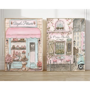 Personalized Parisian Prints, French Nursery Art, 2 Girls Bedroom Prints, Paris Gift, Laduree Patisserie, Cafe Watercolor, Pink or Purple