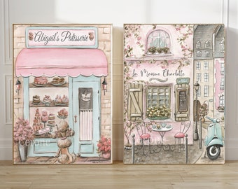 Personalized Parisian Prints, French Nursery Art, 2 Girls Bedroom Prints, Paris Gift, Laduree Patisserie, Cafe Watercolor, Pink or Purple