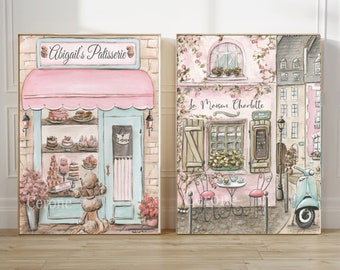 Personalized Parisian Prints For Girls Bedroom, Set Of 2 French Nursery Prints, Paris Gift, Laduree Patisserie, Cafe Watercolor, Blush Pink