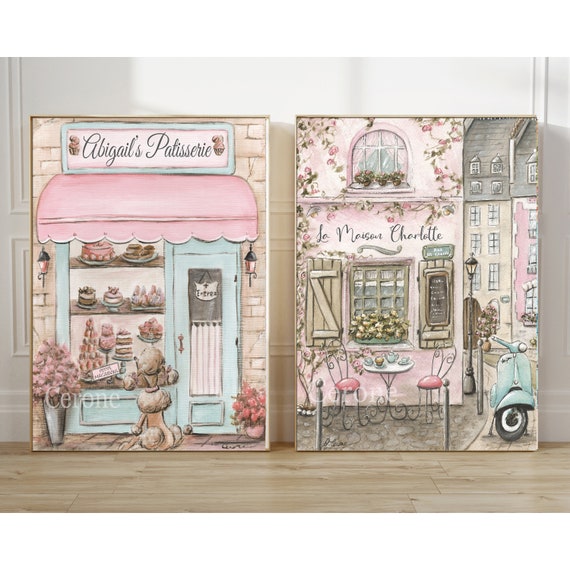 Personalized Parisian Prints, French Nursery Art, 2 Girls Bedroom Prints, Paris Gift, Laduree Patisserie, Cafe Watercolor, Pink or Purple