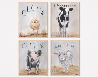 Farm Animal Prints, Barnyard Nursery Wall Art, Set Of 4, Modern Farmhouse Decor Baby Room Pictures, Kids Room Decor, Baby Chick, Cow Nursery