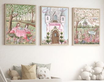 Princess Wall Art, Personalized Fairytale Art Prints, Girls Bedroom Wall Art, Enchanted Forest, Princess Tea Party, Floral Nursery Decor