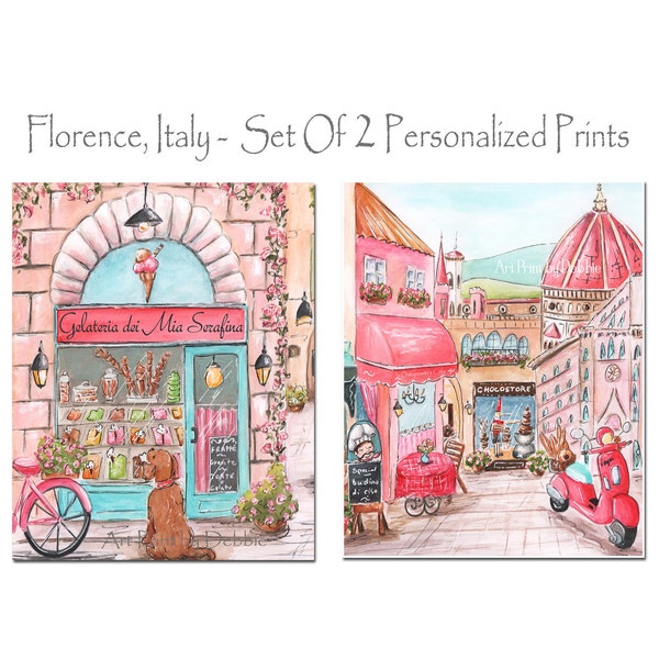 Florence Italy Girls Bedroom Italian Decor Set Of 2 Personalized Prints, Gelato, Duomo Cathedral, Travel Wall Art Print, 5x7 - to 24x36