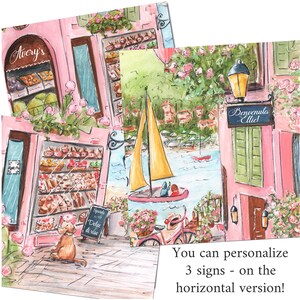 K&ouml;nnte beinhalten: Eine Aquarellillustration mit zwei Szenen eines rosa Geb&auml;udes. Eine Szene zeigt eine B&auml;ckerei mit einem Hund, dem Text Avery's und einem Schild mit der Aufschrift Speciale Dolce di riso. Die andere zeigt ein Segelboot und ein Schild Benvenuta Ellie!