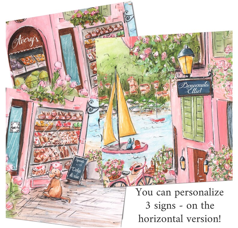 K&ouml;nnte beinhalten: Eine Aquarellillustration mit zwei Szenen eines rosa Geb&auml;udes. Eine Szene zeigt eine B&auml;ckerei mit einem Hund, dem Text Avery's und einem Schild mit der Aufschrift Speciale Dolce di riso. Die andere zeigt ein Segelboot und ein Schild Benvenuta Ellie!