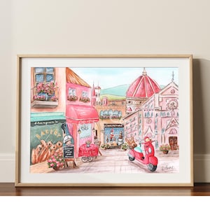 Impresión personalizada de Florencia, Italia, acuarela de una chica italiana, póster del Duomo, decoración de pared para habitación infantil con temática de viajes, scooter Vespa rosa, cita personalizada