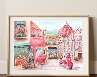 Impressão personalizada de Florença, Itália, aquarela de menina italiana, pôster do Duomo, arte de parede para quarto de bebê com tema de viagem, scooter Vespa rosa, citação personalizada
