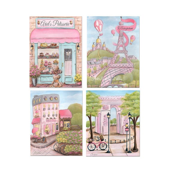 Paris Themed Girls Bedroom Decor Set Of 4 Prints Personalized Travel Theme Parisian French Wall Art Laduree Eiffel Tower Hotel Cafe