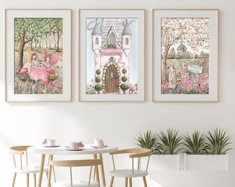 Fairy Wall Art Personalized Nursery Watercolors, Enchanted Garden , Princess Castle, Blush Pink Vintage Fairytale Toddler Girl Room Decor