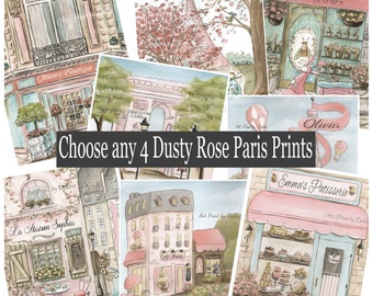 Dusty Rose Room Decor, Dusty Pink Travel Prints For Girls Paris Bedroom, Pastel French Wall Art, Set Of 4 Prints, Paris Artwork For Kids