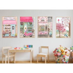 Gepersonaliseerde slaapkamer decor Parijs, set van 4, Parijs themafeest aangepaste roze meisjes Franse kinderkamer kunst aan de muur, idee babyshower cadeauset, 6 maten