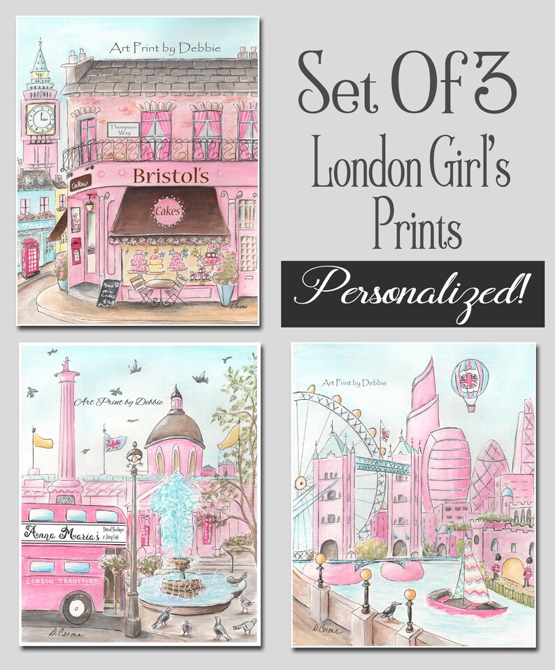 Set of 3 fine art giclee watercolor prints by Debbie Cerone Pink London personalized wall art for girls travel themed nursery room bedroom