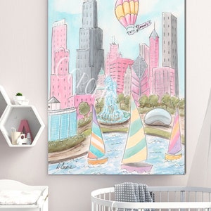 May include: A watercolor painting of the Chicago skyline with a hot air balloon that says "Mommy's" in the sky. The painting also features a fountain, a park, and sailboats on a lake.