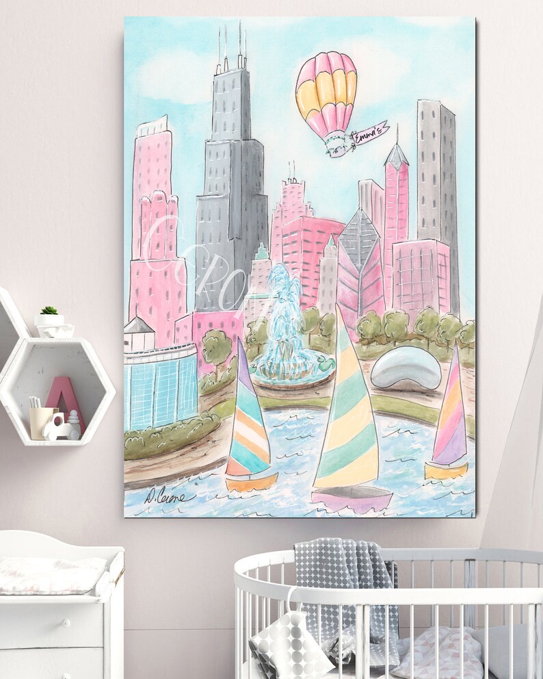 May include: A watercolor painting of the Chicago skyline with a hot air balloon that says "Mommy's" in the sky. The painting also features a fountain, a park, and sailboats on a lake.
