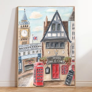 Puede incluir: Una pintura de acuarela de una escena callejera de Londres con una cabina telef&oacute;nica roja, una tienda de pescado y patatas fritas y el Big Ben al fondo. La pintura est&aacute; titulada "D. Came".