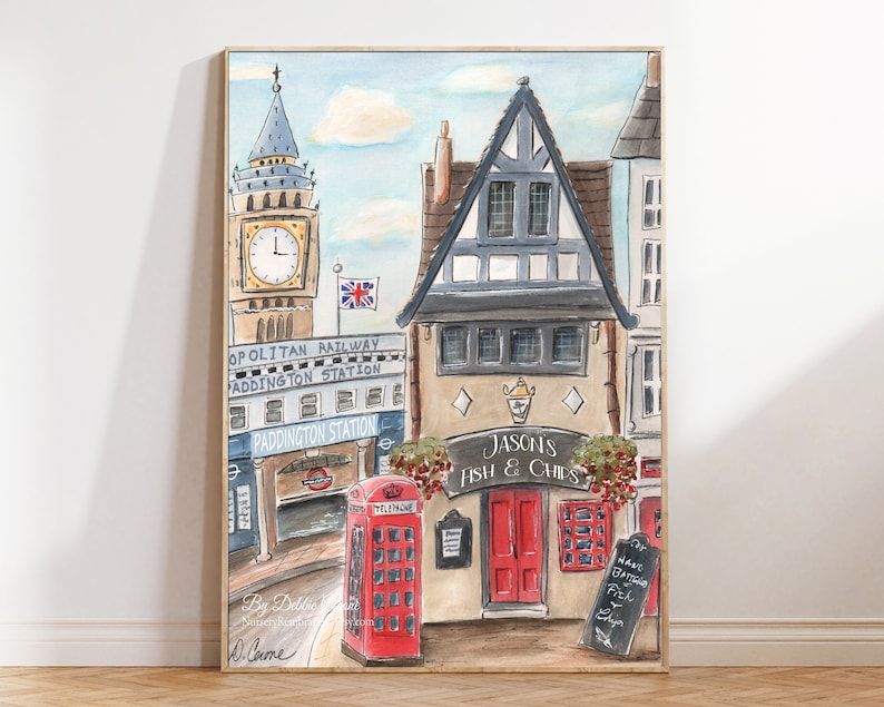 Puede incluir: Una pintura de acuarela de una escena callejera de Londres con una cabina telef&oacute;nica roja, una tienda de pescado y patatas fritas y el Big Ben al fondo. La pintura est&aacute; titulada "D. Came".