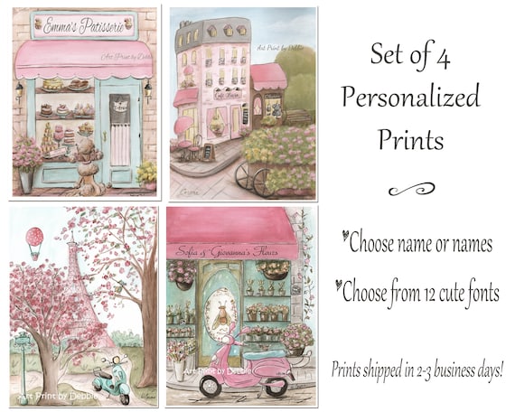 Personalised Nursery Art For Girls Vintage Blush Pink Paris Travel Themed Girls Bedroom Set Of 4 Twin Girl Baby Shower Gift Idea 6 Sizes
