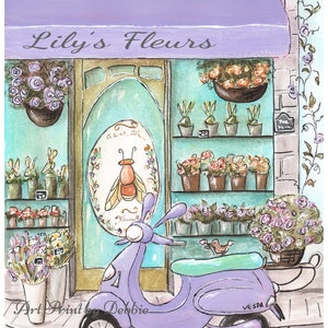 May include: A watercolor painting of a flower shop called "Lily's Fleurs" with a purple Vespa scooter parked in front. The shop window displays flowers and a bee illustration. The scooter has a green seat and a basket on the back.