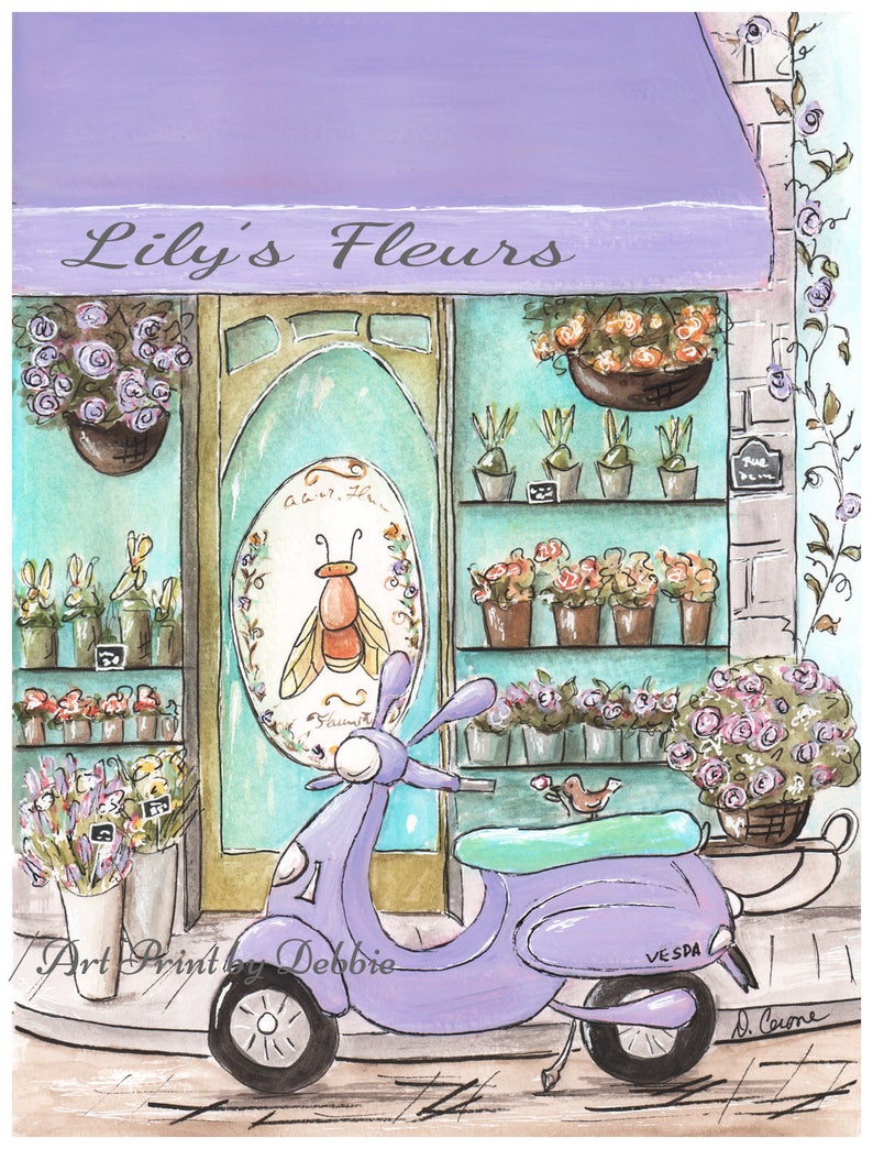 May include: A watercolor painting of a flower shop called "Lily's Fleurs" with a purple Vespa scooter parked in front. The shop window displays flowers and a bee illustration. The scooter has a green seat and a basket on the back.