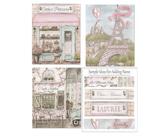 Paris Watercolor Prints, Set Of 3, Personalize The Patisserie, Cafe And Eiffel Tower With Girls Name, Blush Pink - 6 Sizes - 5x7 to 24x36"
