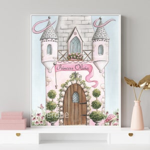 May include: A watercolor painting of a pink castle with a banner that reads "Princess Olivia". The castle has a brown door and green bushes around it. There are pink flowers and a mushroom in the foreground.