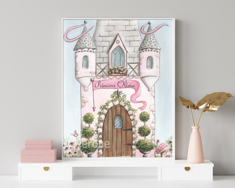 May include: A watercolor painting of a pink castle with a banner that reads "Princess Olivia". The castle has a brown door and green bushes around it. There are pink flowers and a mushroom in the foreground.