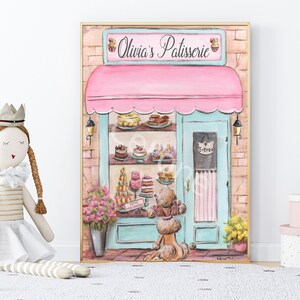 May include: A watercolor painting of a pink and blue storefront with the words "Olivia's Patisserie" above the door. The storefront has a display of pastries and cakes inside. A poodle dog stands outside the shop.