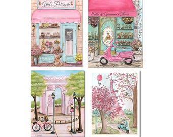 Personalized Paris Decor, Paris Art Prints, Set Of 4 French Nursery Wall Art, Custom Name Baby Girl Gift Idea, 6 Sizes 5x7 to 24x36" Poster