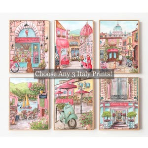 Estampas personalizadas de aquarela de garota italiana, conjunto de 3, pôster de Florença, arte de parede de Roma, Lago de Como, sorveteria, scooter Vespa