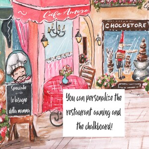K&ouml;nnte beinhalten: Eine Aquarellillustration einer Stra&szlig;enszene mit einer rosa Markise mit der Aufschrift Cafe Amore, einem rot karierten Tisch und einer Kreidetafel mit der Aufschrift Speciale Le lasagne della mamma. Daneben ein Schaufenster mit CHOCOSTORE.