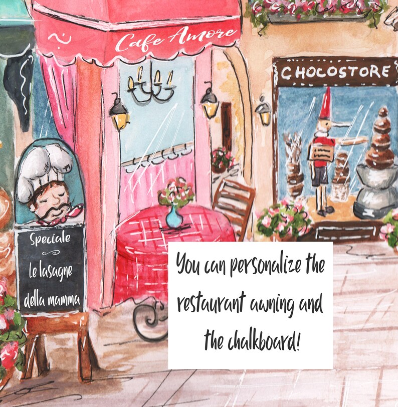 K&ouml;nnte beinhalten: Eine Aquarellillustration einer Stra&szlig;enszene mit einer rosa Markise mit der Aufschrift Cafe Amore, einem rot karierten Tisch und einer Kreidetafel mit der Aufschrift Speciale Le lasagne della mamma. Daneben ein Schaufenster mit CHOCOSTORE.