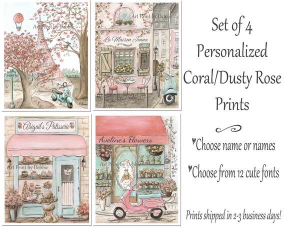 Vintage Coral Paris Travel Themed Personalized Nursery Art For Girls Dusty Rose Bedroom Decor Set Of 4 Prints Eiffel Tower Laduree Cafe