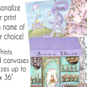 May include: A watercolor painting of a Parisian flower shop with a lavender awning that says "Seura's Fleurs". The shop is decorated with flowers and a bee. The painting is part of a larger artwork that includes a pink building with the text "La Maison Olive" and a purple Eiffel Tower with the text "Bella".