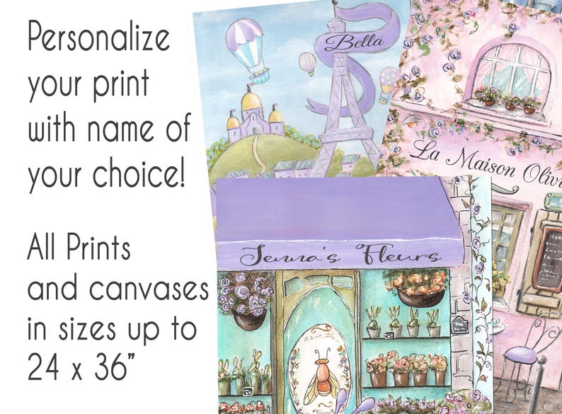 May include: A watercolor painting of a Parisian flower shop with a lavender awning that says "Seura's Fleurs". The shop is decorated with flowers and a bee. The painting is part of a larger artwork that includes a pink building with the text "La Maison Olive" and a purple Eiffel Tower with the text "Bella".