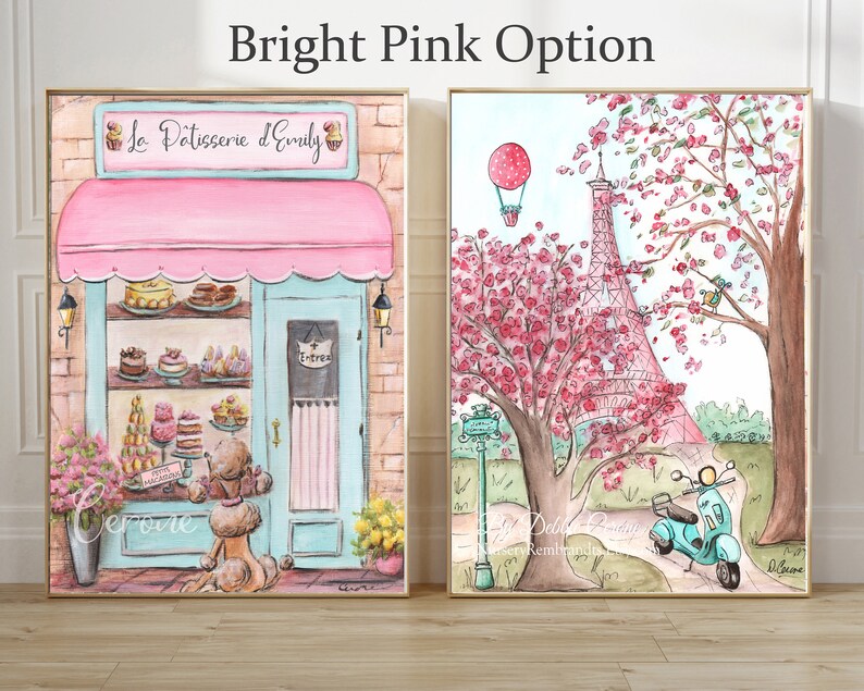 Paris Travel Prints, Parisian Decor For Girls Bedroom, Personalized Baby Gift, French Nursery Blush Wall Art, Laduree, Pink Eiffel Tower BRIGHT PINK