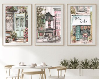 Decoración campestre francesa, decoración de cocina francesa, juego de 3 láminas de París, arte de pared de París, acuarela de París, arte de pared vintage shabby chic rosa rubor