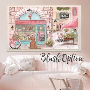 K&ouml;nnte beinhalten: Ein gerahmter Wandkunstdruck, der eine Stra&szlig;enszene in Rosat&ouml;nen zeigt, mit einem Eisdielen-Schaufenster namens Gelatoria di Isabella, einem braunen Hund davor, einem rosa Fahrrad und einem kleinen Au&szlig;enbereich mit rosa Markise und Bella's-Schild.