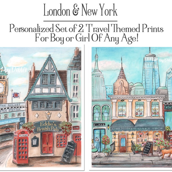 Personalized London Art, New York , New York Print, Set Of 2, Unisex Travel Themed Bedroom, London Themed Wall Art, NYC Skyline Poster