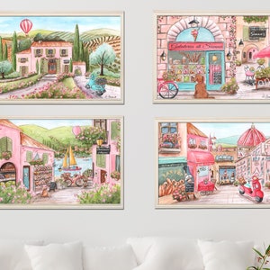 Personalized Italian Baby Gift, Set Of 4 Travel Themed Prints, Pink Nursery Wall Art, New Baby Girl Art, Florence Italy, Lake Como, Tuscany