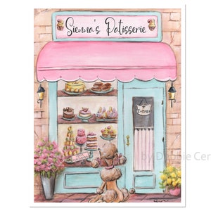 May include: A pastel pink and blue storefront with a sign that reads "Sienna's Patisserie". The storefront window displays a variety of pastries, including cakes, cupcakes, and macarons. A small poodle stands in front of the shop.