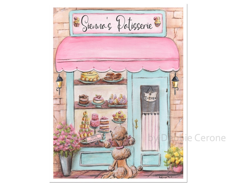 May include: A pastel pink and blue storefront with a sign that reads "Sienna's Patisserie". The storefront window displays a variety of pastries, including cakes, cupcakes, and macarons. A small poodle stands in front of the shop.