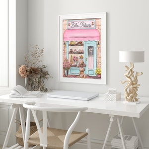 May include: A watercolor painting of a pink and blue storefront with the text "Bella's Patisserie" above the door. The storefront is filled with pastries and cakes. A dog is standing outside the store.
