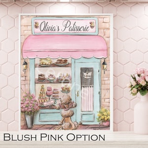 May include: A watercolor painting of a pink and blue storefront with the words "Olivia's Patisserie" above the entrance. The storefront has a display of pastries and cakes inside. A small poodle dog is standing in front of the store.