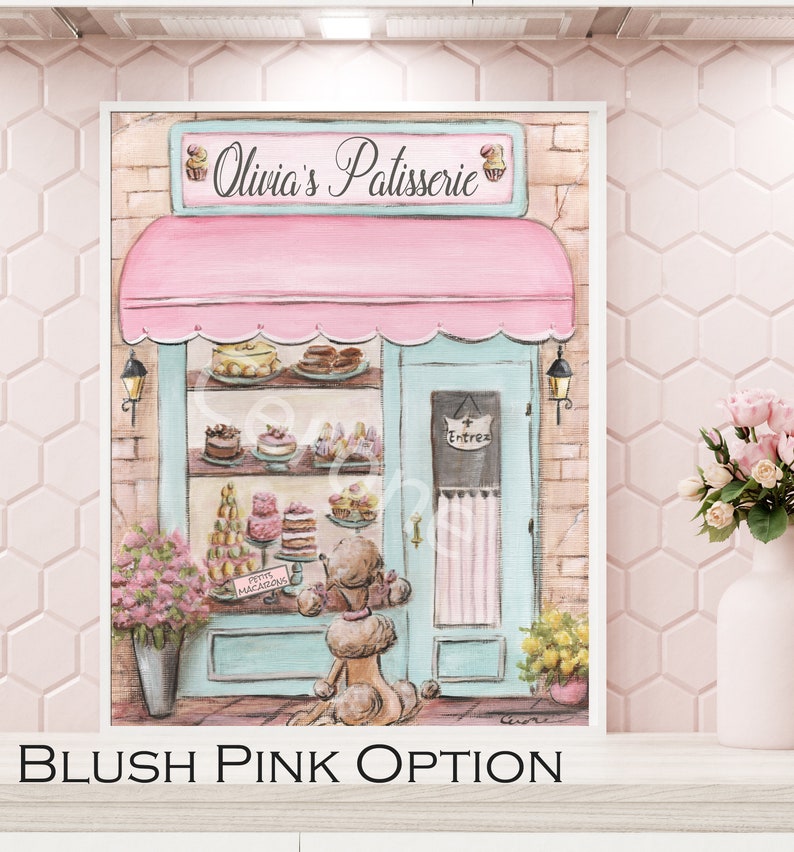 May include: A watercolor painting of a pink and blue storefront with the words "Olivia's Patisserie" above the entrance. The storefront has a display of pastries and cakes inside. A small poodle dog is standing in front of the store.