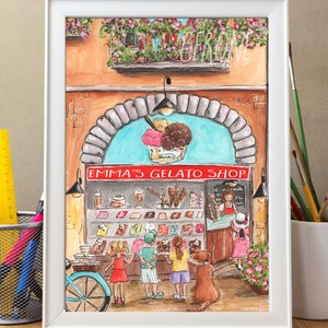 Op de afbeelding: Een aquarel van een gelatowinkel genaamd "Emma's Gelato Shop". De winkel heeft een blauw-witte luifel en een etalage met gelato-smaken. Er staan vier kinderen en een hond voor de winkel.