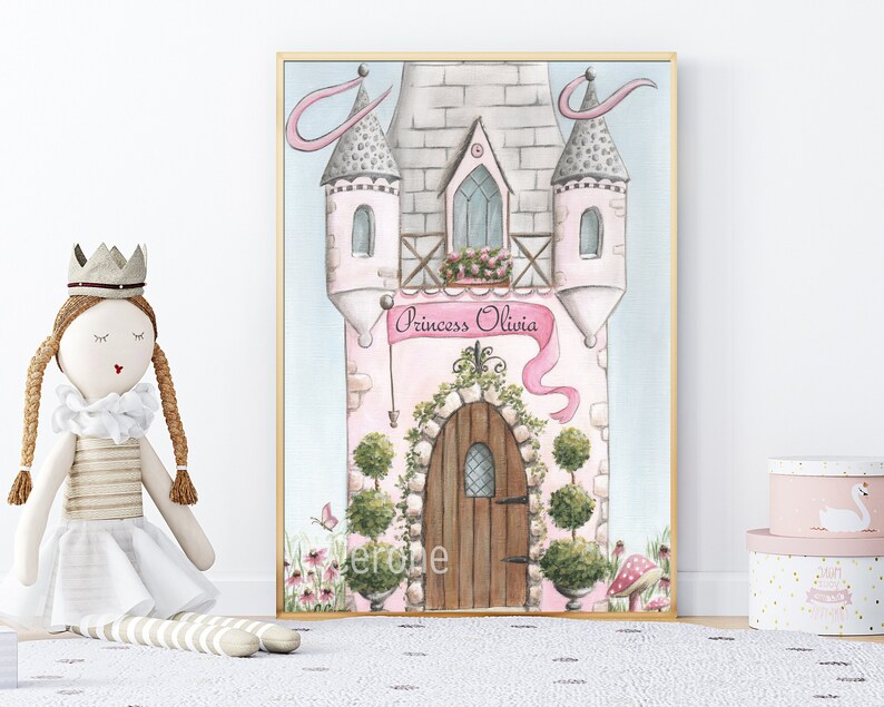 May include: A watercolor painting of a pink castle with a banner that reads "Princess Olivia". The castle has a brown door, green bushes, and a pink roof. There is a butterfly flying in front of the castle.