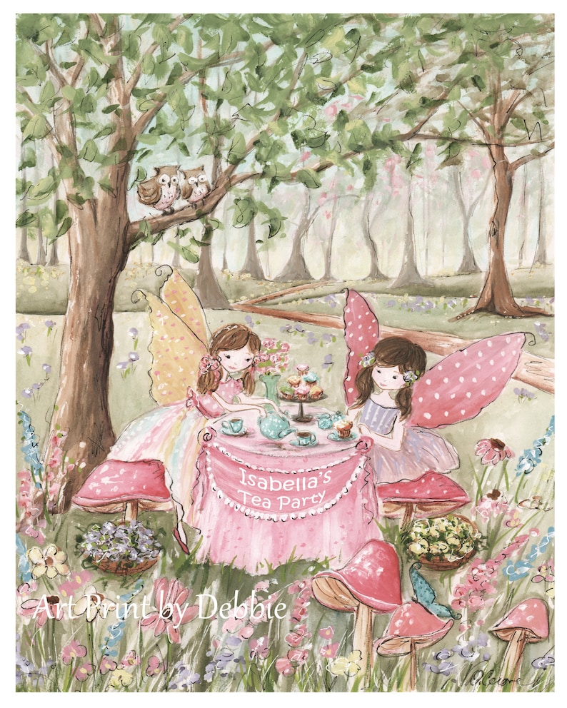 Vintage Fairy Garden Party, Set Of 3 Prints, All Personalized, Flowers, Butterflies, Fairies, Owls, Tea Party, Great Baby Shower Gift image 4