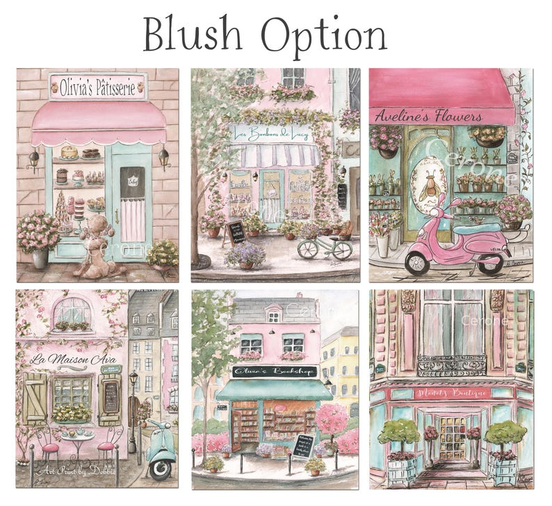 Personalized Pink Paris Artwork, French Nursery Travel Theme Wall Decor, Toddler Girls Room, Watercolor Art Prints, Set of 6, Parisian Gift Blush Pink