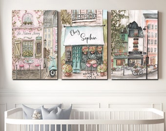 French Cafe Watercolors, Travel Nursery Wall Art Canvases, Paris Room Decor, Personalized Baby Girls Room Wall Art, Set Of 3, Patisserie